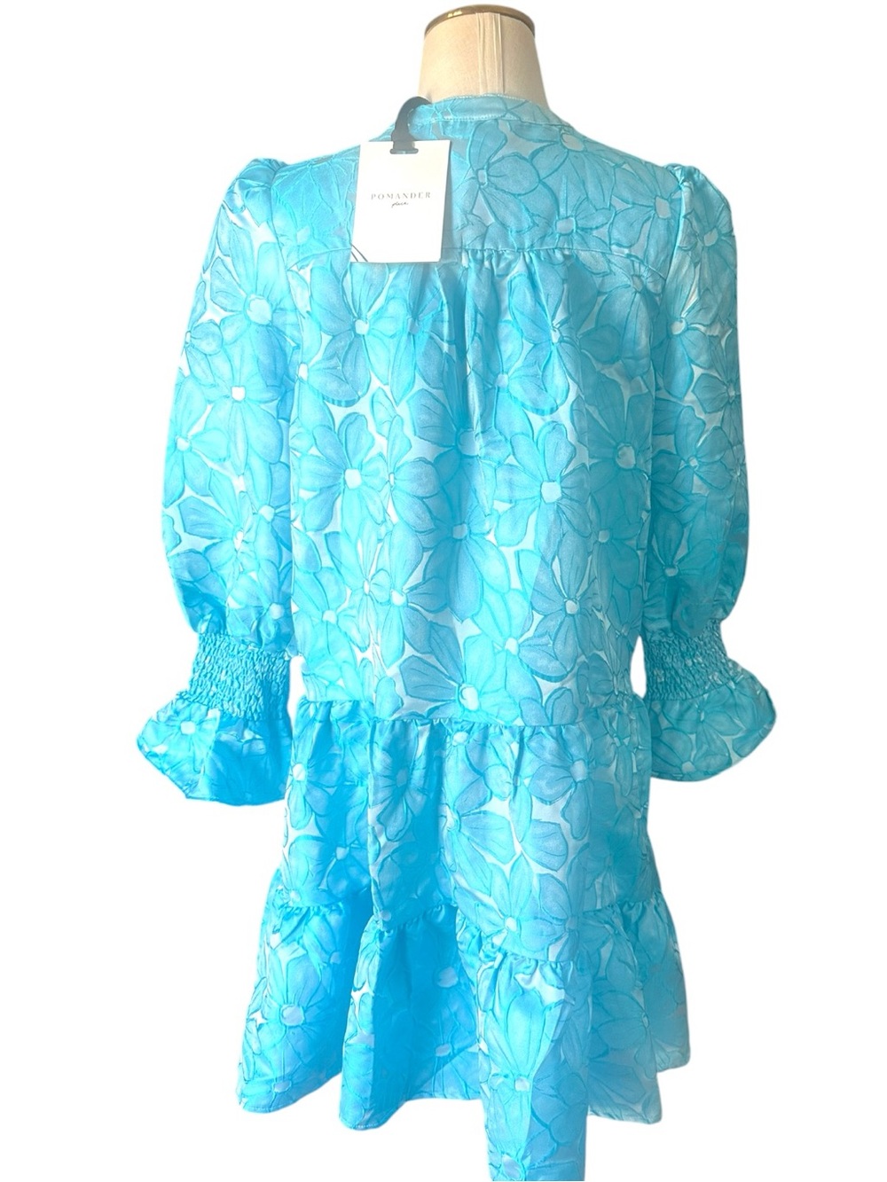 NWT Pomander Place Blue Floral Puff Sleeve Tiered Mini Dress Medium - Picture 7 of 12